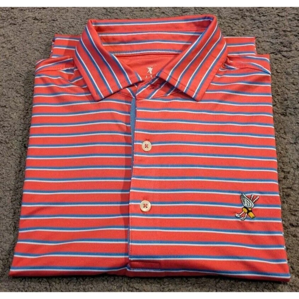 Fairway & Greene Coral Red Stripe Polo with Blue and White Accents